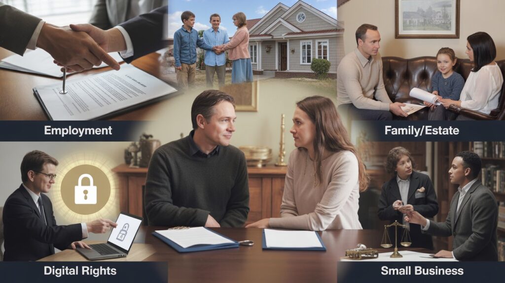 Collage showing key areas where legal consulting is essential, including employment, property, family and estate planning, digital rights, and small business law