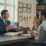 A lawyer providing legal consulting to a couple in an office with law books and scales of justice on the desk.