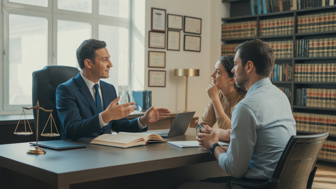 A lawyer providing legal consulting to a couple in an office with law books and scales of justice on the desk.