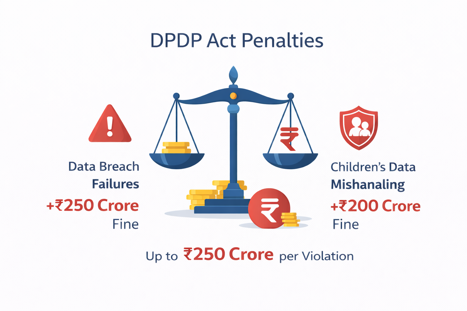 DPDP Act penalties infographic showing fines up to ₹250 crore for data breach failures and children’s data violations in India